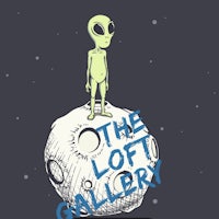 a cartoon alien standing on a moon with the words the loft gallery